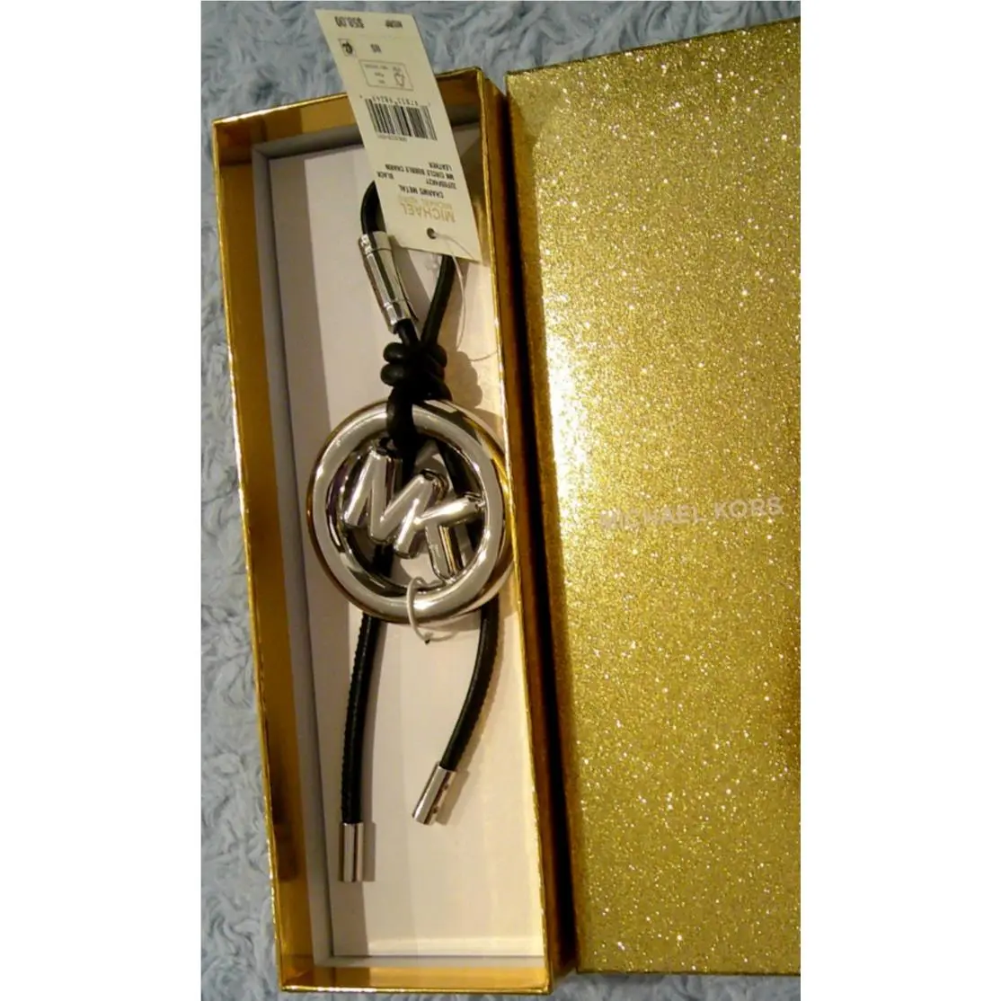 Michael Kors Black Noir Leather Silver Circle Bubble MK Bag Charm