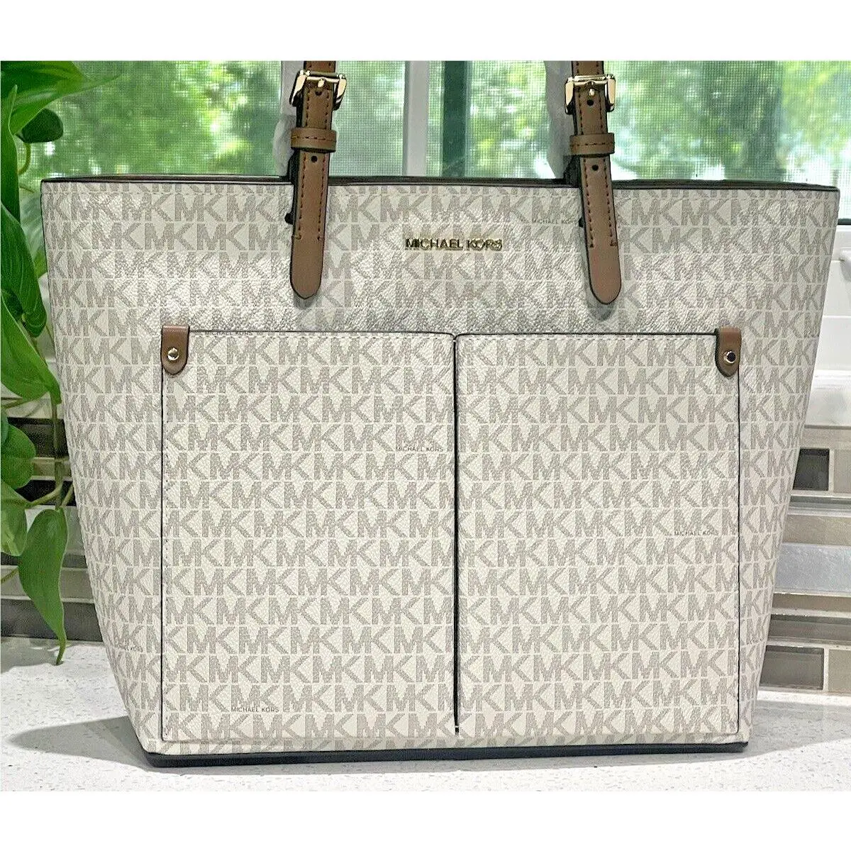Michael Kors Jet Set Medium Double Pocket Tote Bag Shoulder Bag MK Vanilla Logo