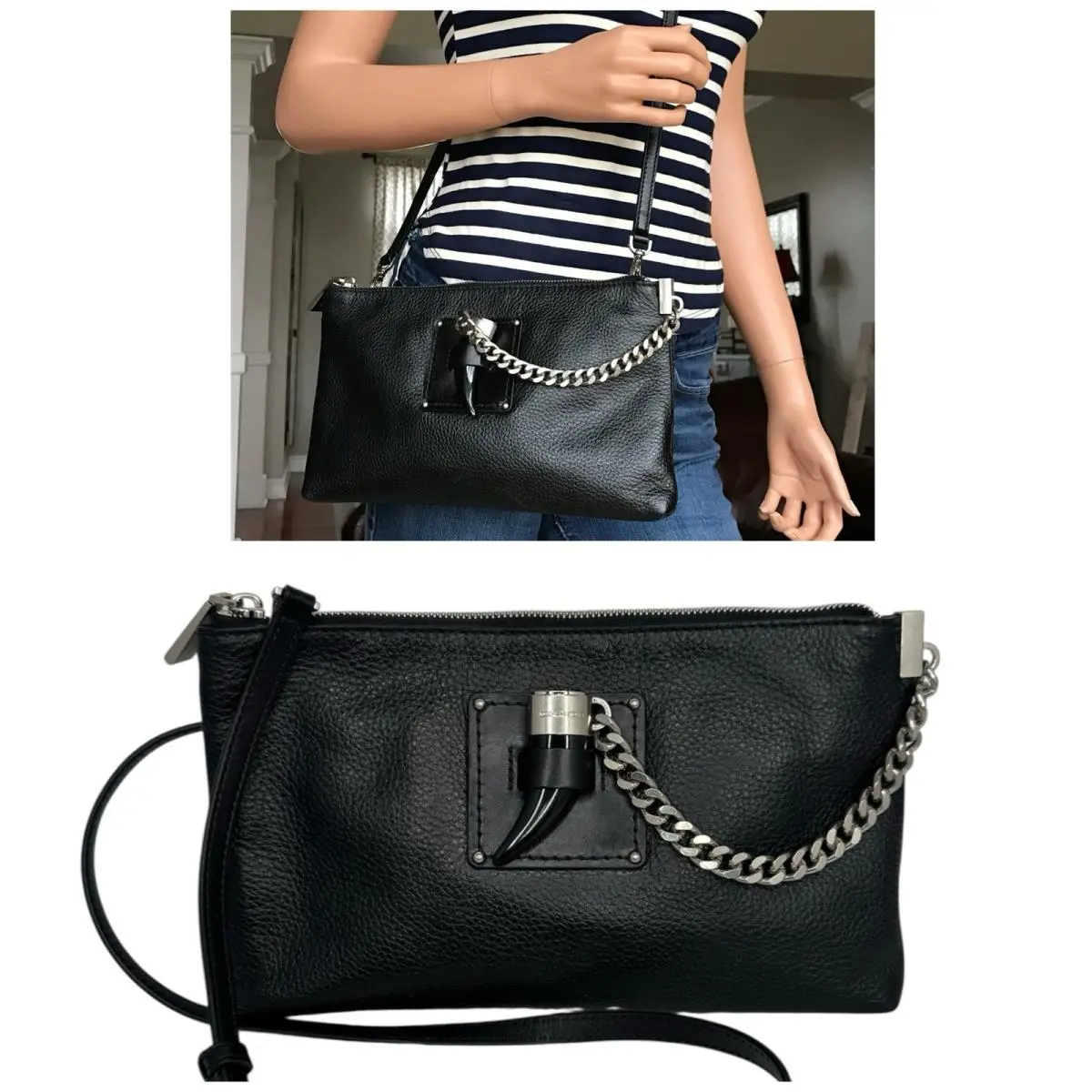 Michael Kors Leather James Zip Clutch/crossbody Black Purse Silver Cha