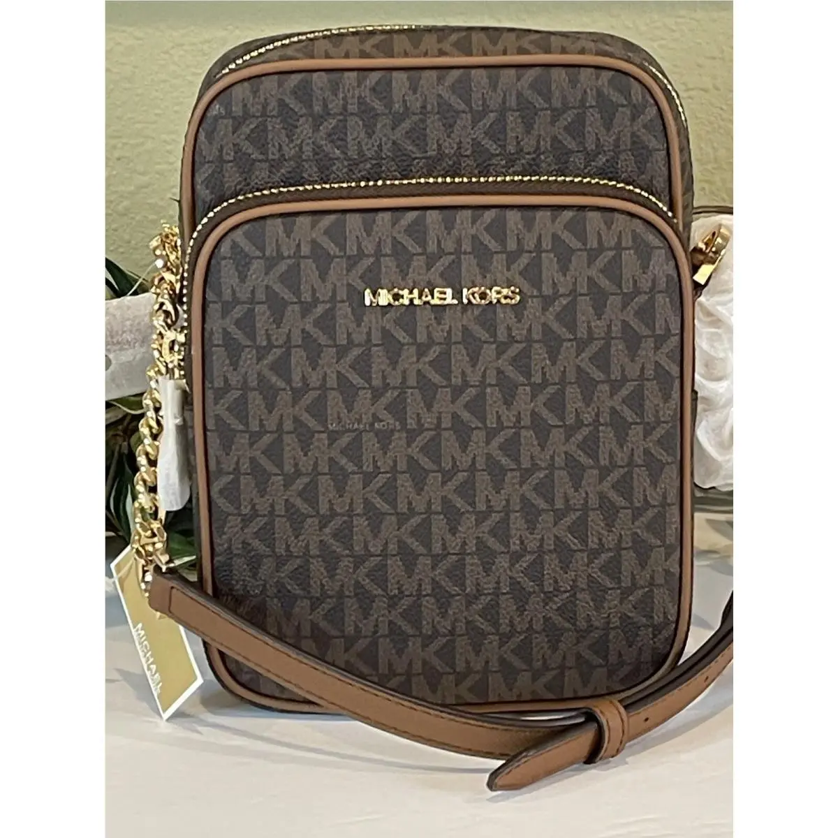Michael Kors Flight Bag Medium NS Chain Crossbody Shoulder MK Brown Signature
