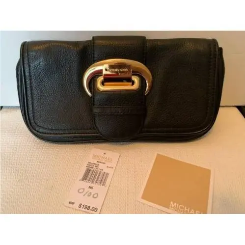 Michael Kors Black Pebbled Leather Clutch Morgan Purse Signature Lining