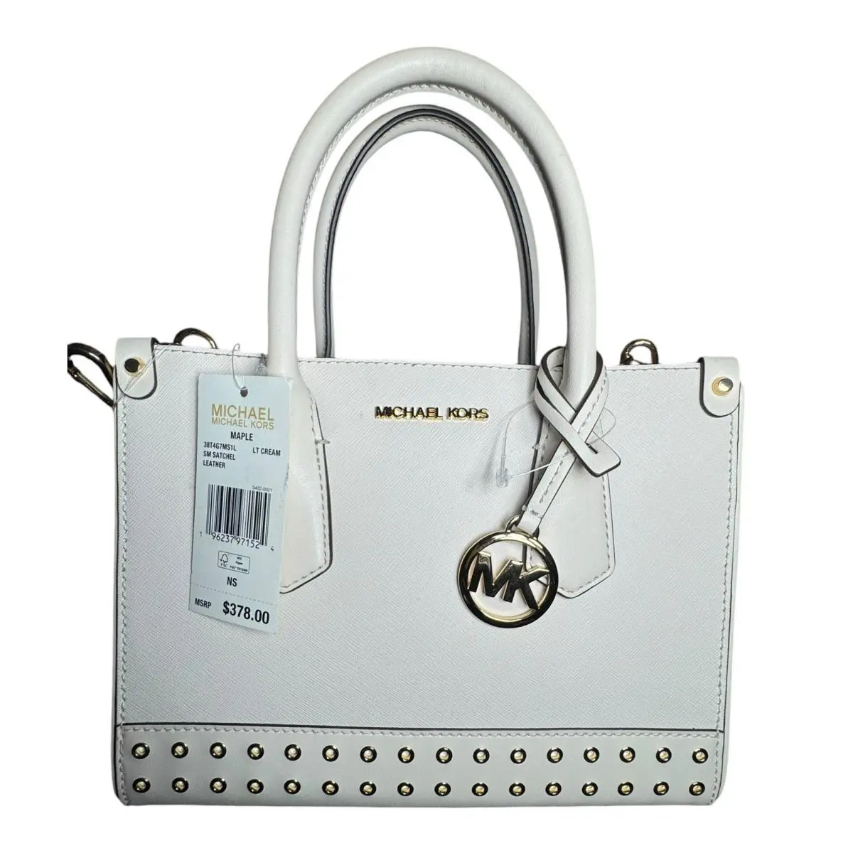 Michael Kors Maple Light Cream Small Satchel Studded Gold Detail Leather Handbag