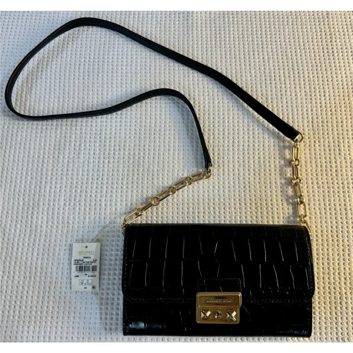 Michael Kors Tribeca Large Leather Wallet on Chain Purse Crossbody In Black