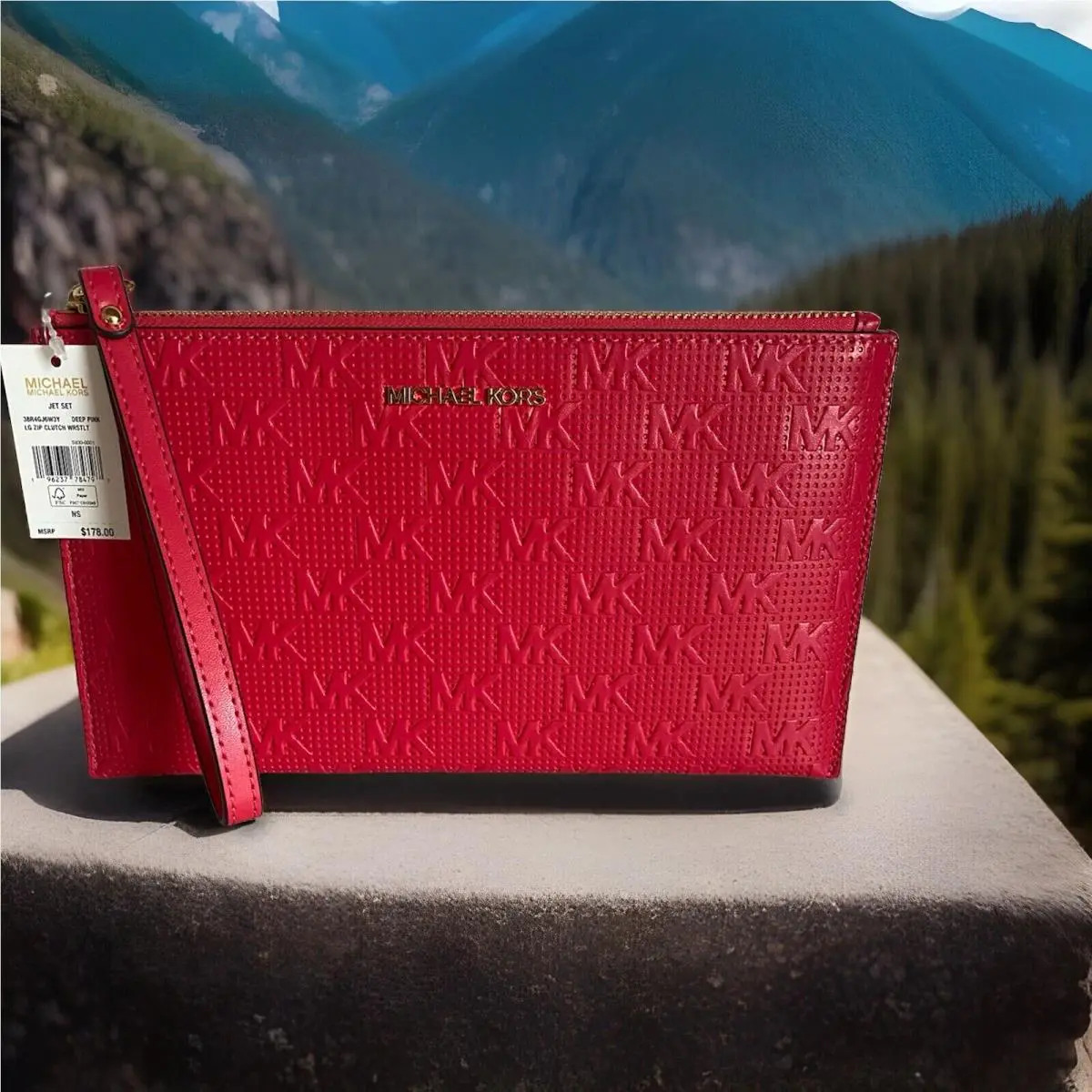 Michael Kors Jet Set Travel Large Clutch Leather Wristlet Deep Pink
