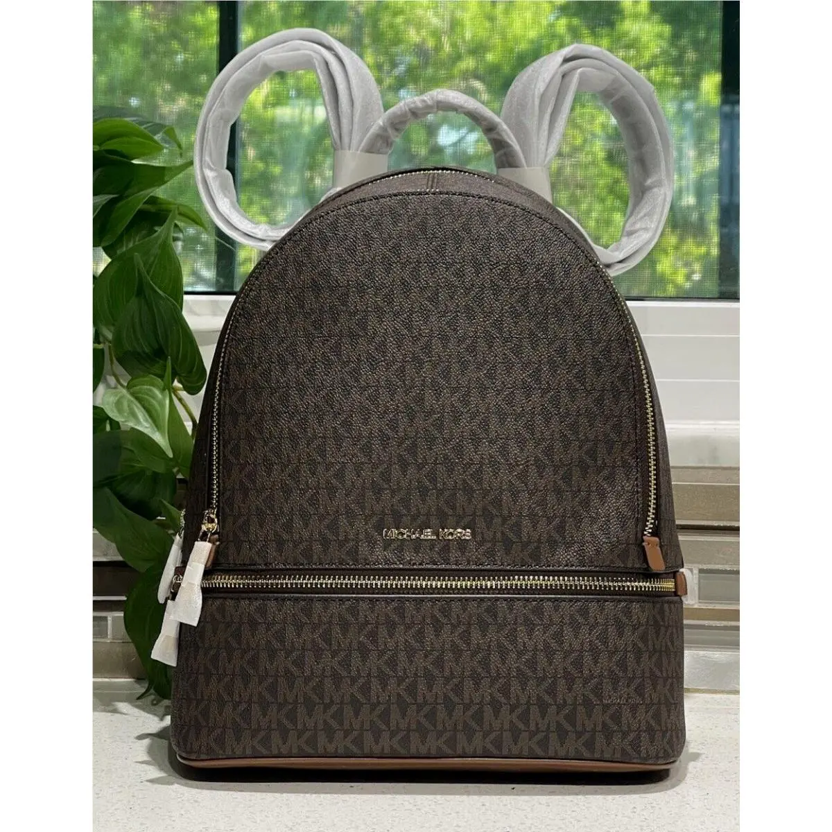 Michael Kors Rhea Medium Zip Backpack Bag Travel Trip Tote MK Brown Logo Gold