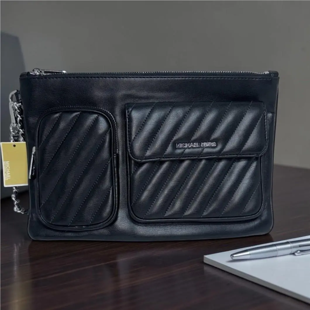 Michael Kors Handbag Rose Black Vegan Leather Multi Pocket Clutch Purse Bag