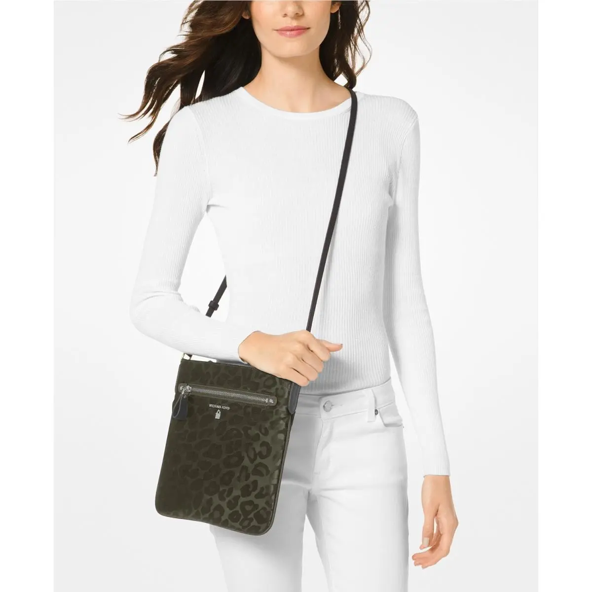 Michael Kors Animal Print Kelsey Large Crossbody Bag Dark Olive Green - Exterior: Olive Green