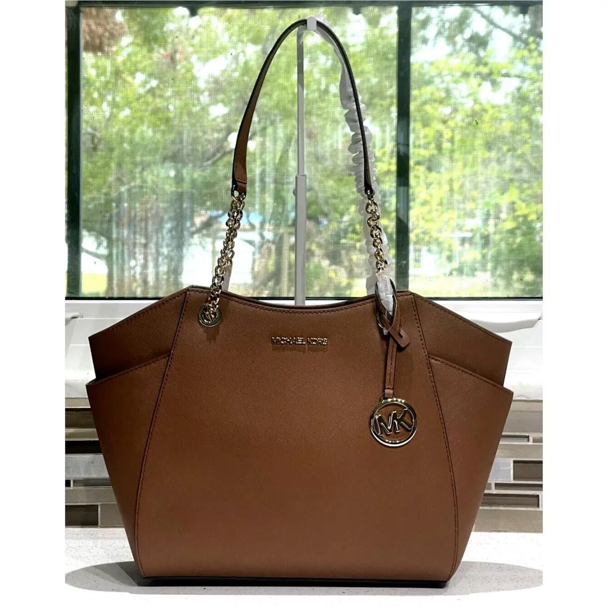 Michael Kors Jet Set Travel Large Chain Shoulder Tote Bag Luggage Brown Leather