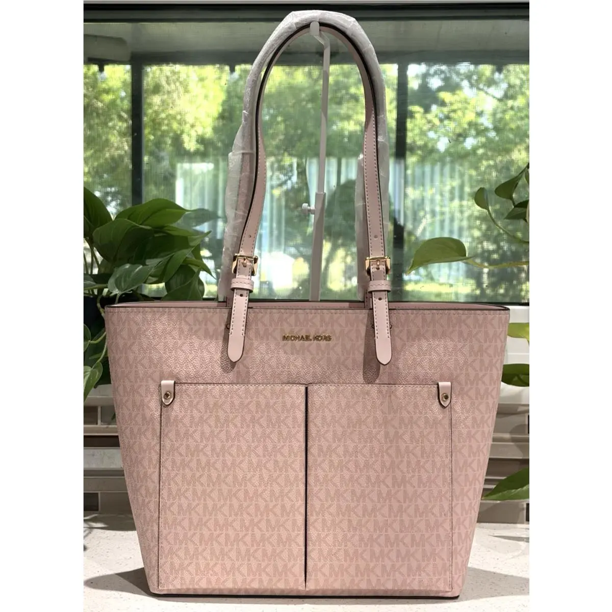 Michael Kors Jet Set Medium Double Pocket Tote Shoulder Bag Purse MK Pink Logo
