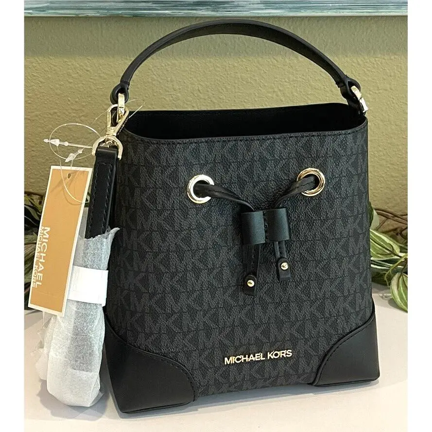 Michael Kors Mercer Small XS Bucket Drawstring Crossbody Bag MK Black Logo Gold