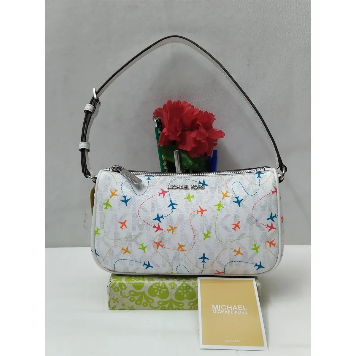 Jet Set White Leather Airplanes Printed Zipper Hobo Bag by Michael Kors