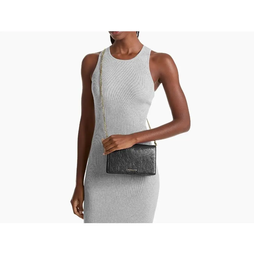 Michael Kors Jet Set Crinkle Leather Flap Chain Link Crossbody Bag in Black