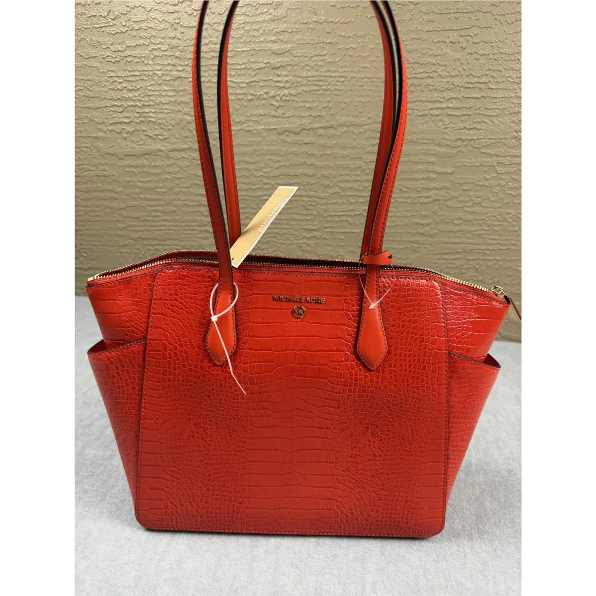Michael Kors Marilyn Tote Bag Womens Medium Orange Croc Embossed Leather Zip