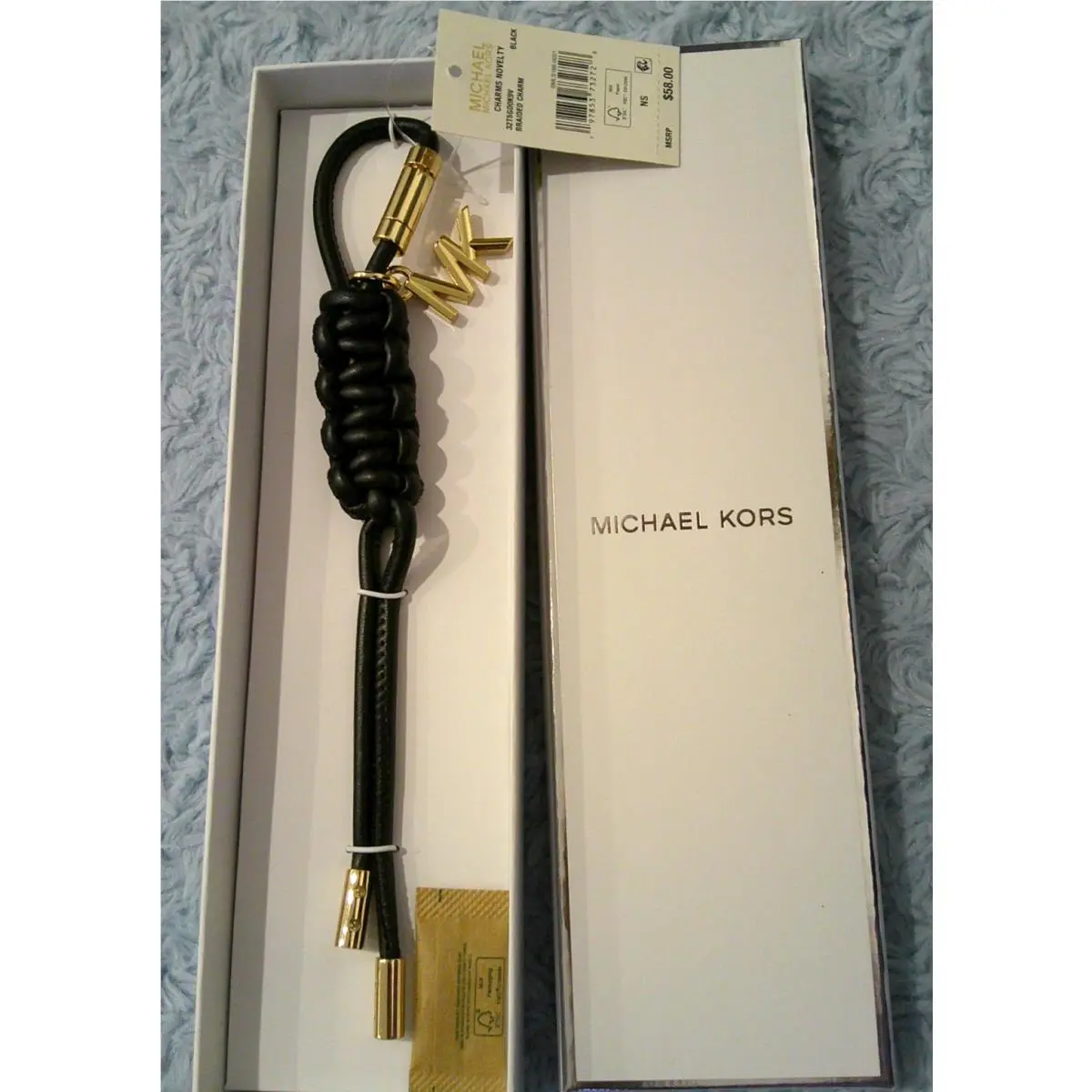 Michael Kors Black Noir Braided Leather MK Bag Charm