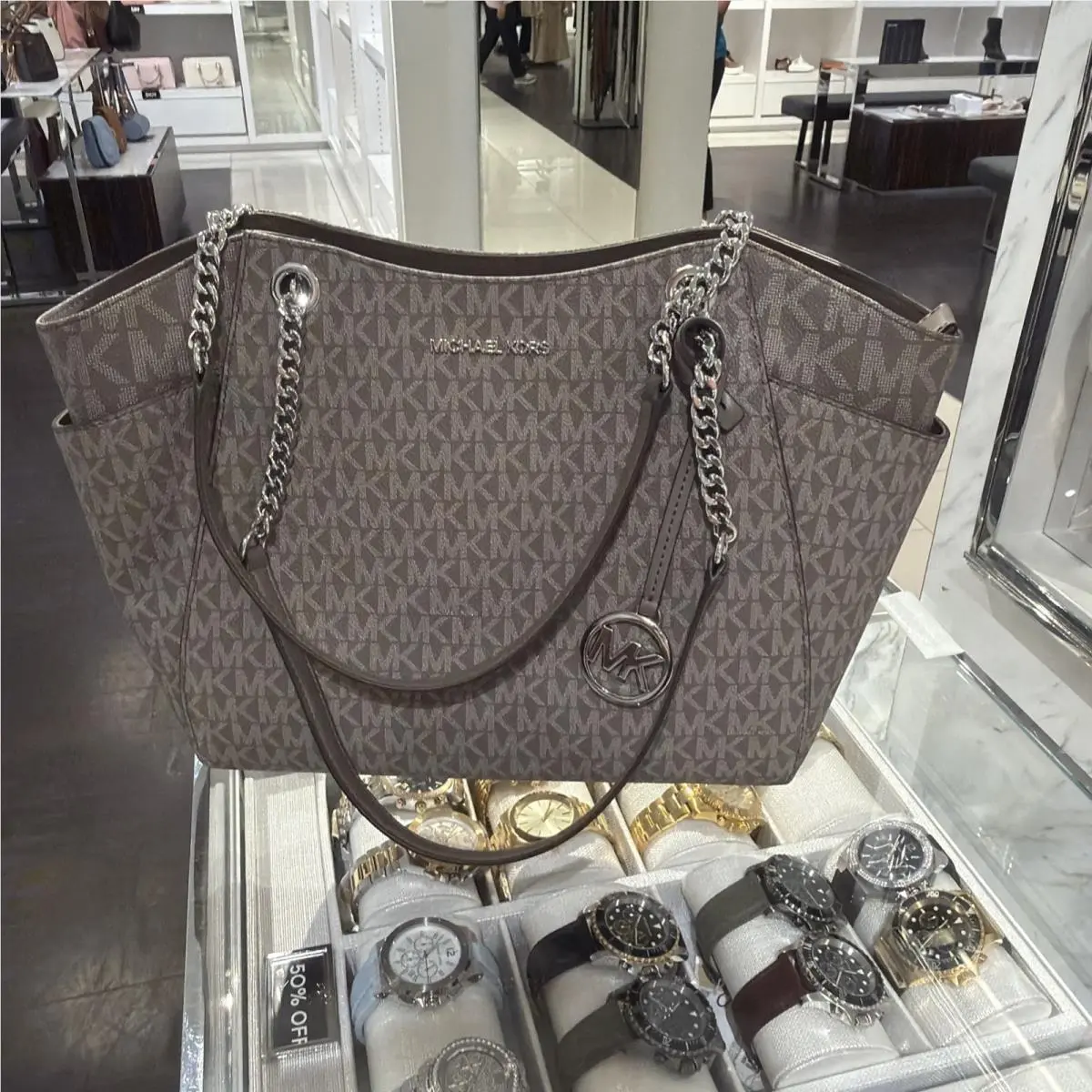 Outlet Jet Set Large Signature Logo Shoulder Bag Mushroom 35S4STV by Michael Kors