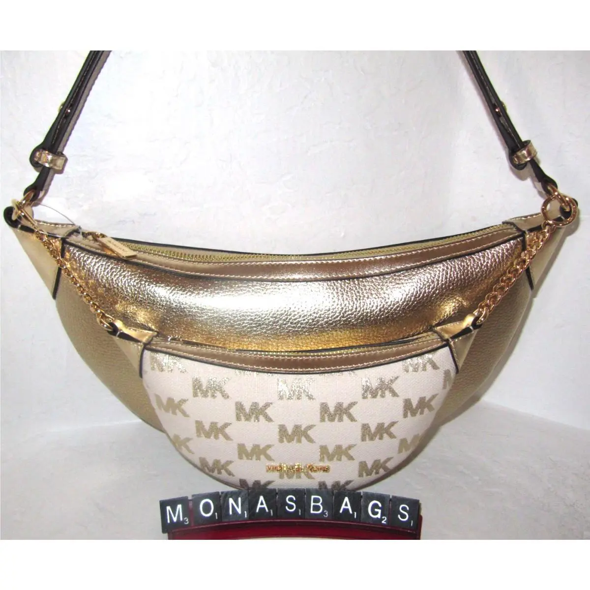 Michael Kors Hollis Medium 2-in-1 Gold Leather Logo Shoulder Bag