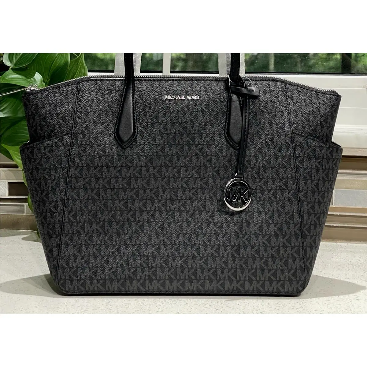 Michael Kors Marilyn Medium Large Zip Tote Shoulder Bag Black MK Logo Silver