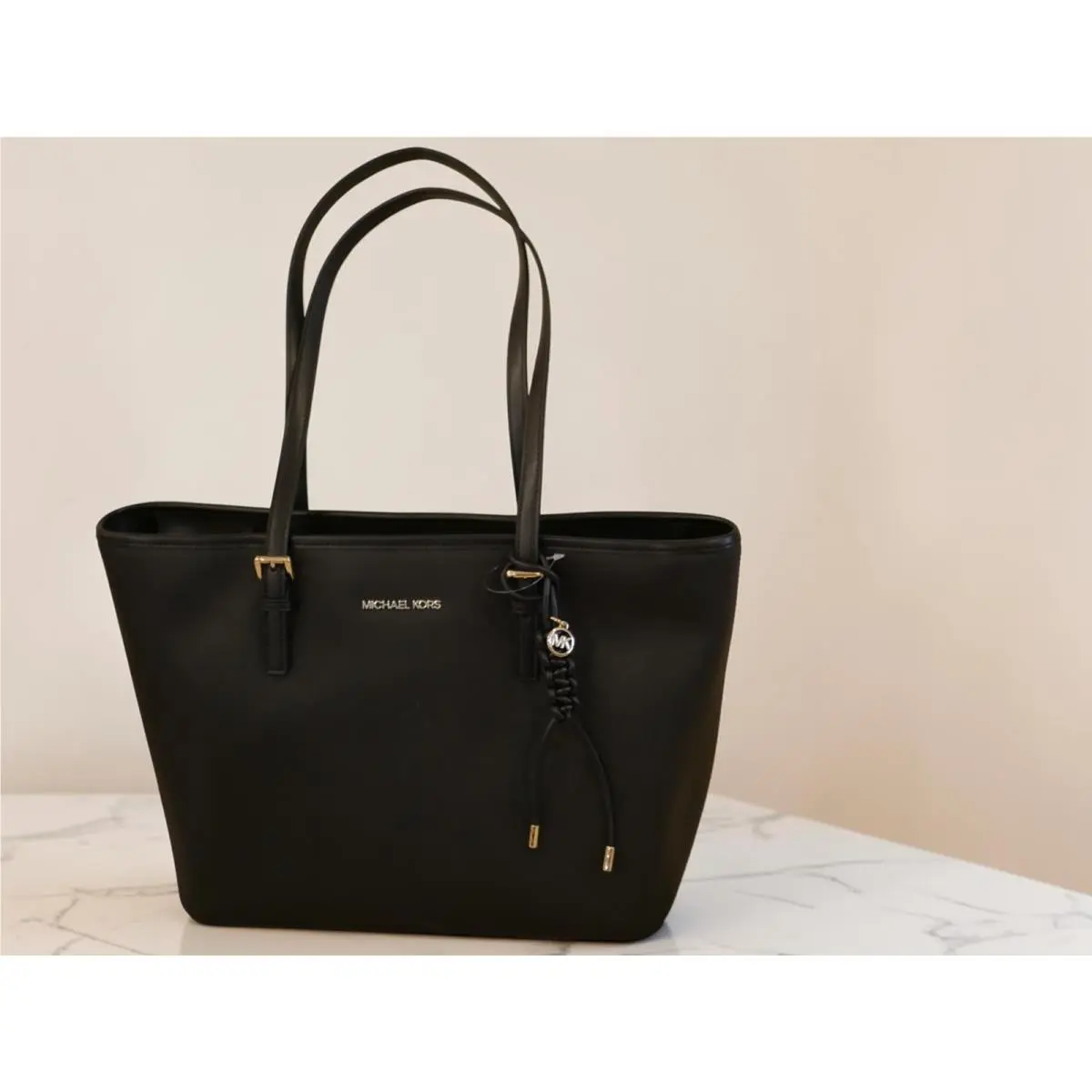 WT Michael Kors Large Black TZ Tote with Hang Charm Leather Zip Top Gold