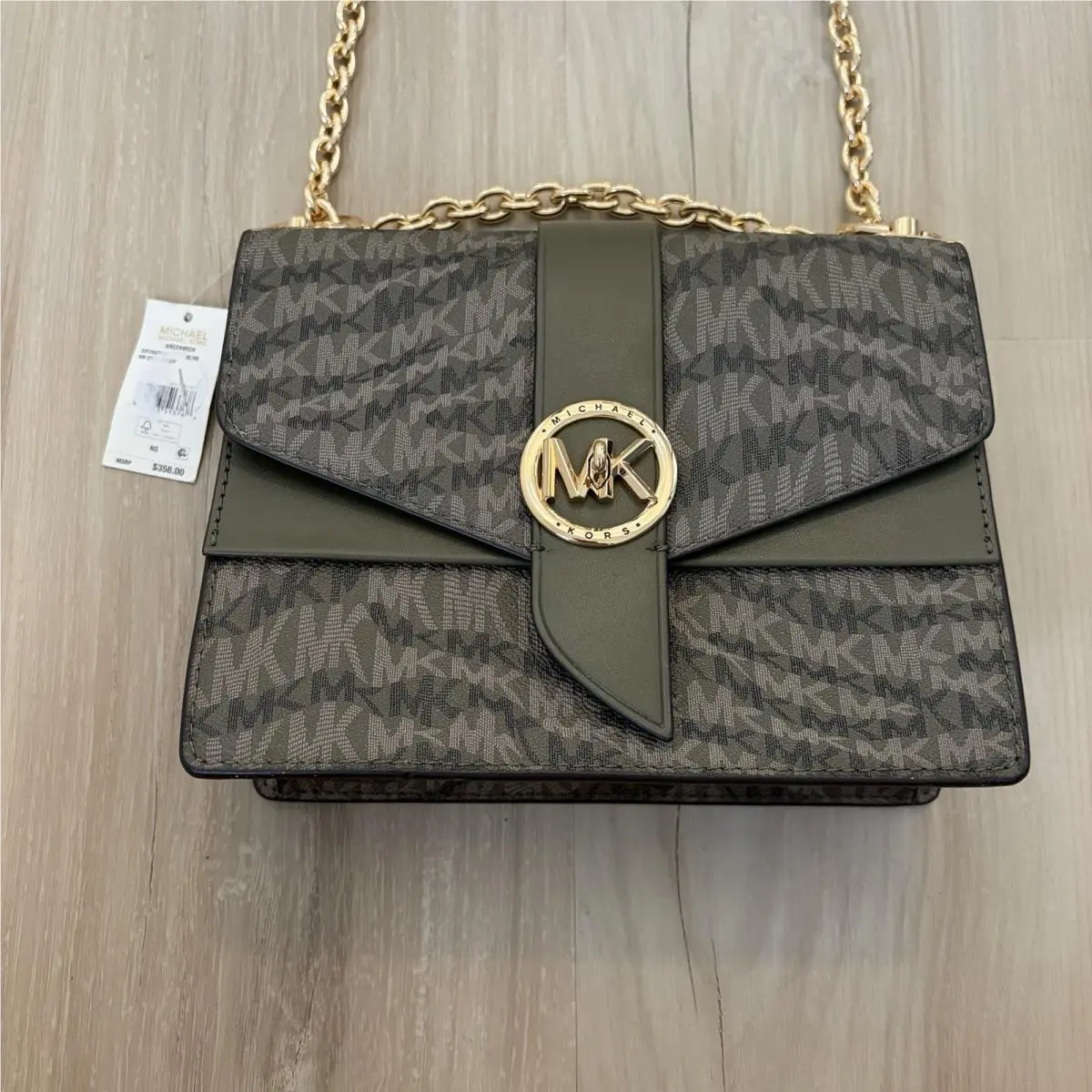 Michael Kors Olive Green Greenwich Covertible Crossbody Bag Purse Handbag Gold