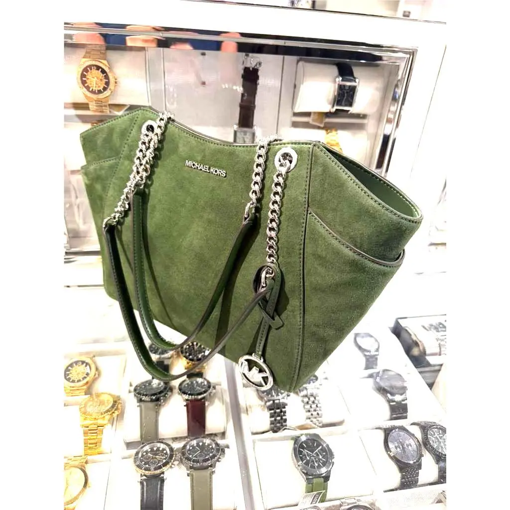 Michael Kors Jet Set Travel Large Bonded Leather Chain Tote Bag Green