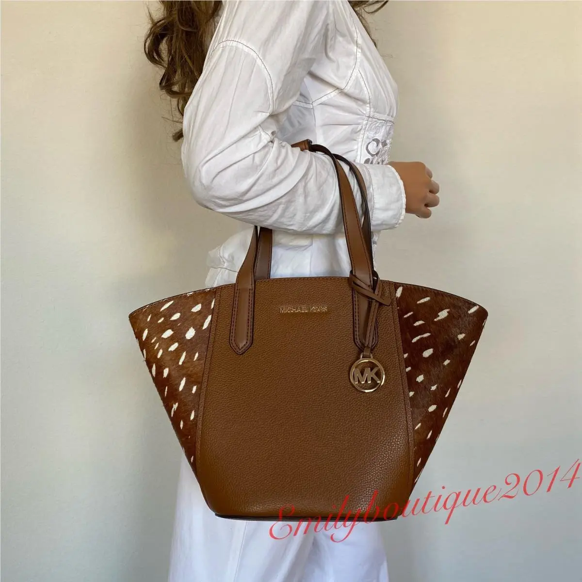 Michael Kors Portia Small Tote Bag in Pebble Leather Haircalf Brown Luggage
