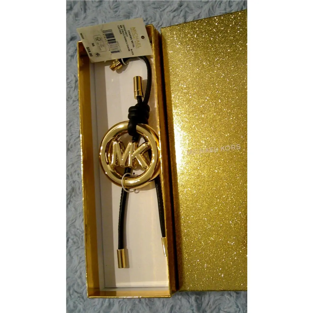 Michael Kors Black Noir Leather Gold Circle Bubble MK Bag Charm