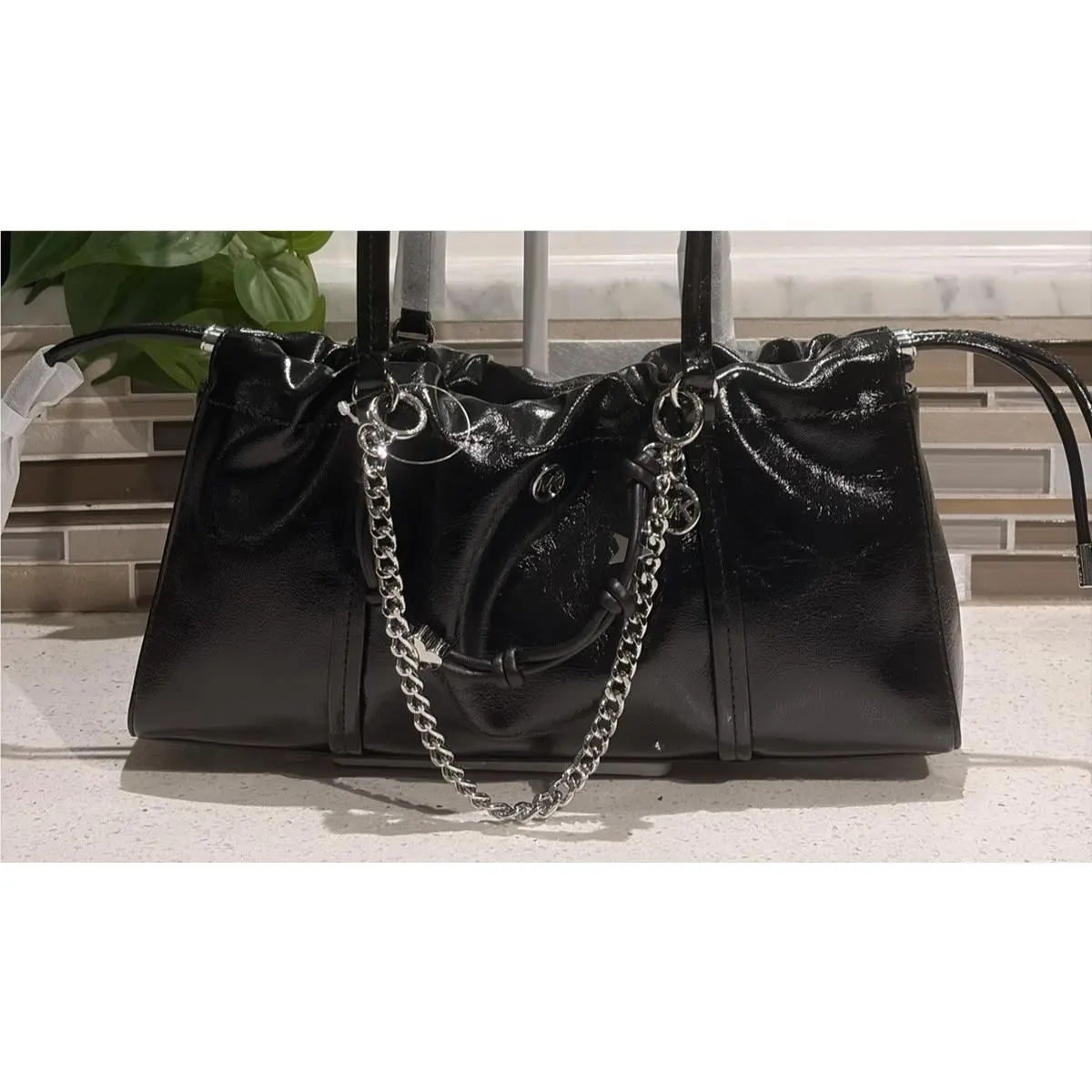 Michael Kors Matilda Small Cinched Shoulder Bag Purse MK Logo Chain Black Silver