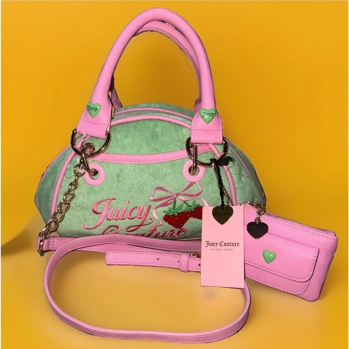 Exclusive Retro Strawberry Satchel Green Pink Crossbody Bag by Juicy Couture