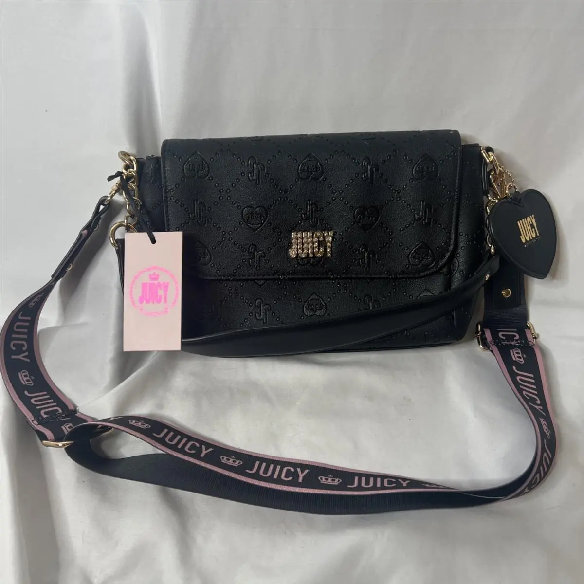 Juicy Check Me Crossbody Liquorice Purse Bag Black Gold Pink Strap
