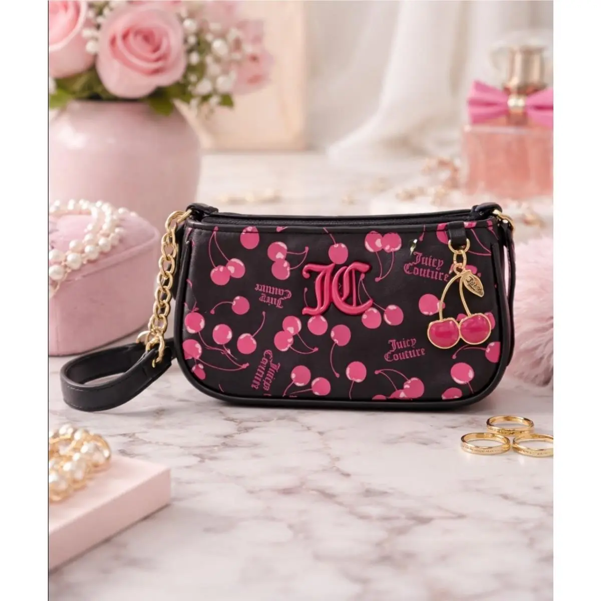Cherry Shoulder Bag Black Pink Charm Y2K Logo Purse Coquette by Juicy Couture