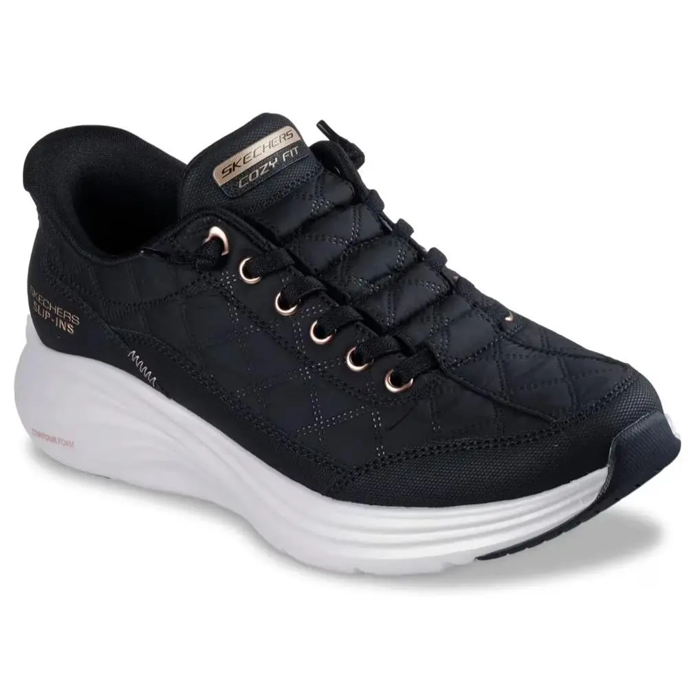 Womens Skechers Slip Ins Contour Foam Cozy Fit Black Rose Gold Duraleather