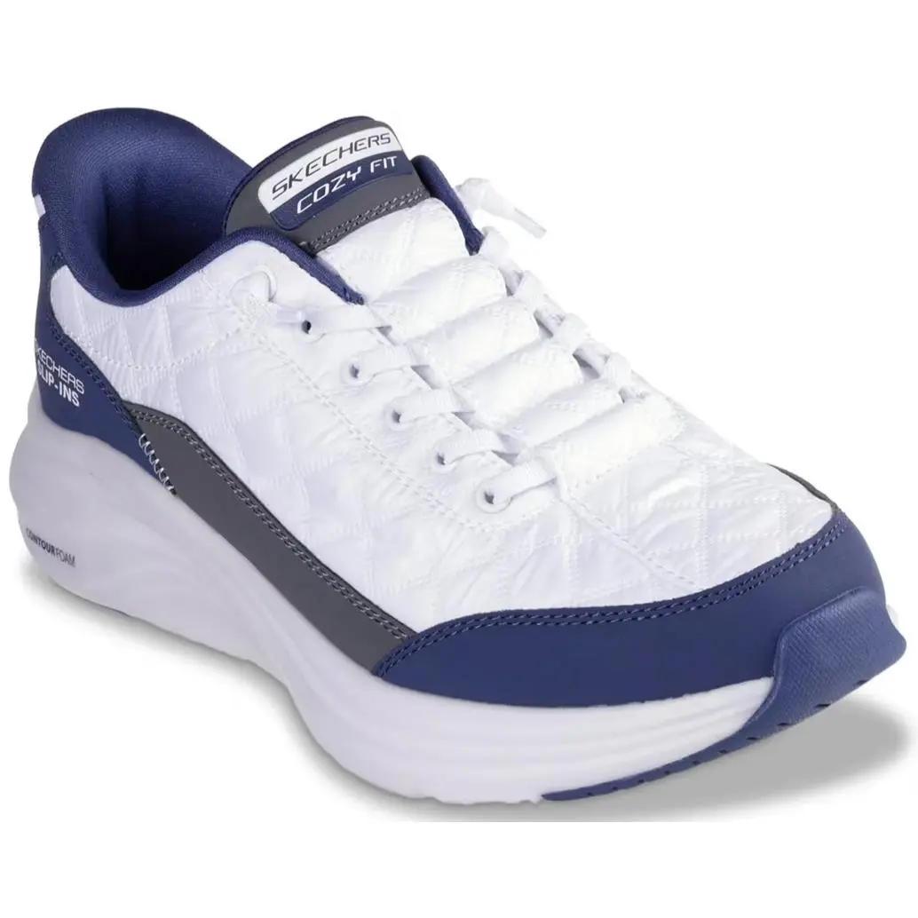 Mens Skechers Slip Ins Contour Foam Cozy Fit White Navy Fabric Shoes