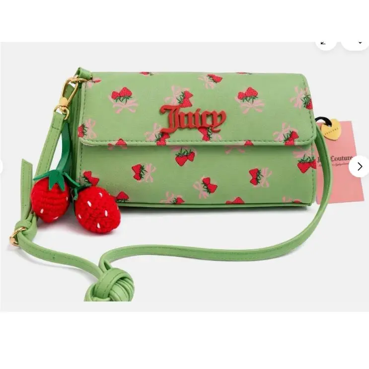 Crossbody Bag Strawberry Print Bow Charm Logo Accent Green by Juicy Couture