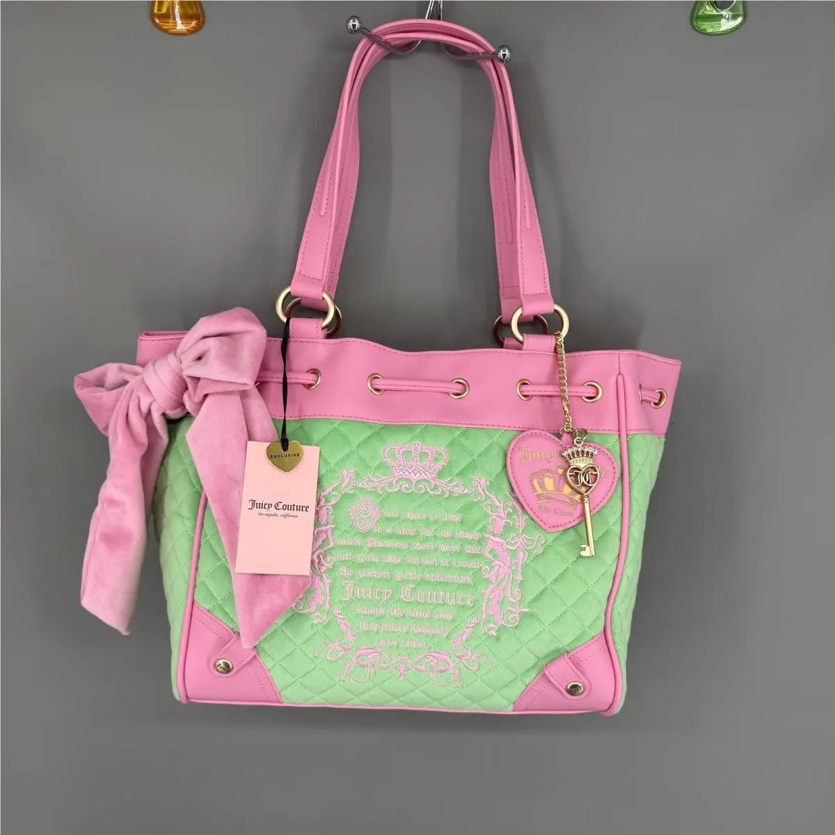 Juicy Tale Daydreamer Tote Bag Green Pink Quilted Velour Y2K by Juicy Couture