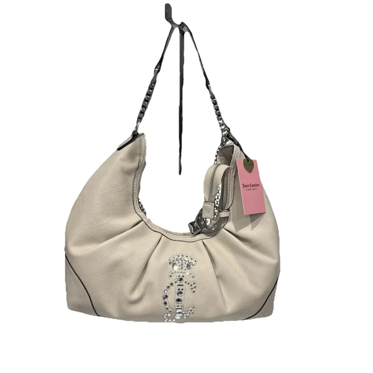 Crown Hobo Bag Cream Rhinestone Logo Y2K Shoulder Purse Medium by Juicy Couture