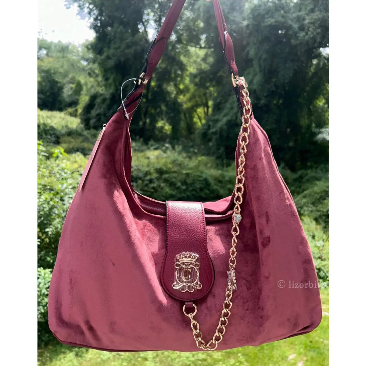 Velour Royal Crest Hobo Shoulder Bag in Cranberry Juice by Juicy Couture