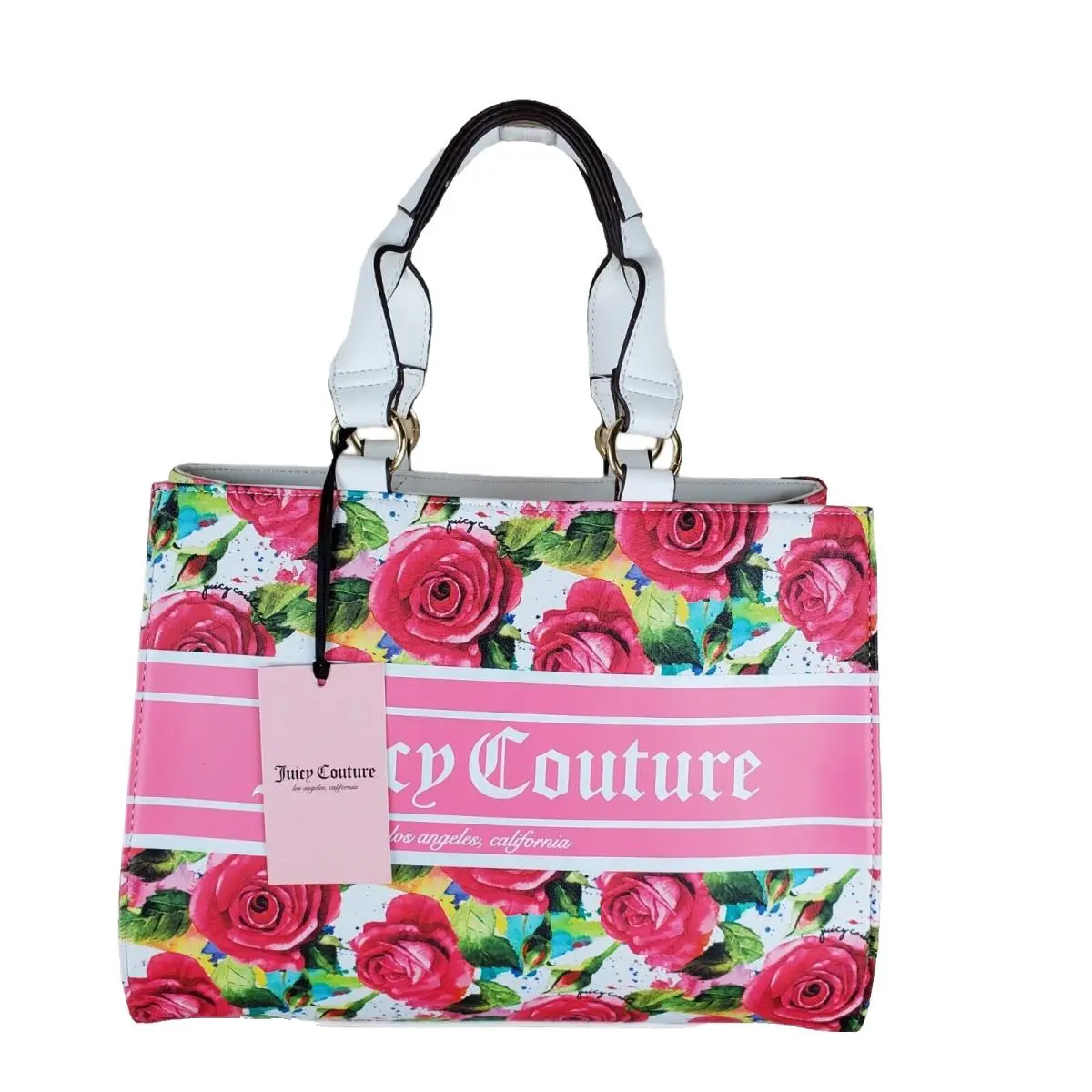 White Pink Floral Top Handle Tote with Detachable Shoulder Strap by Juicy Couture