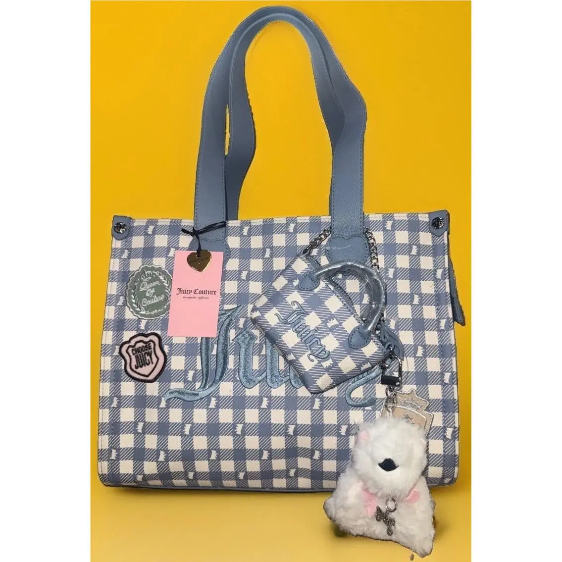 Large Study Style Scottie Plaid Tote Bag Blue Pouch Dog Charm by Juicy Couture