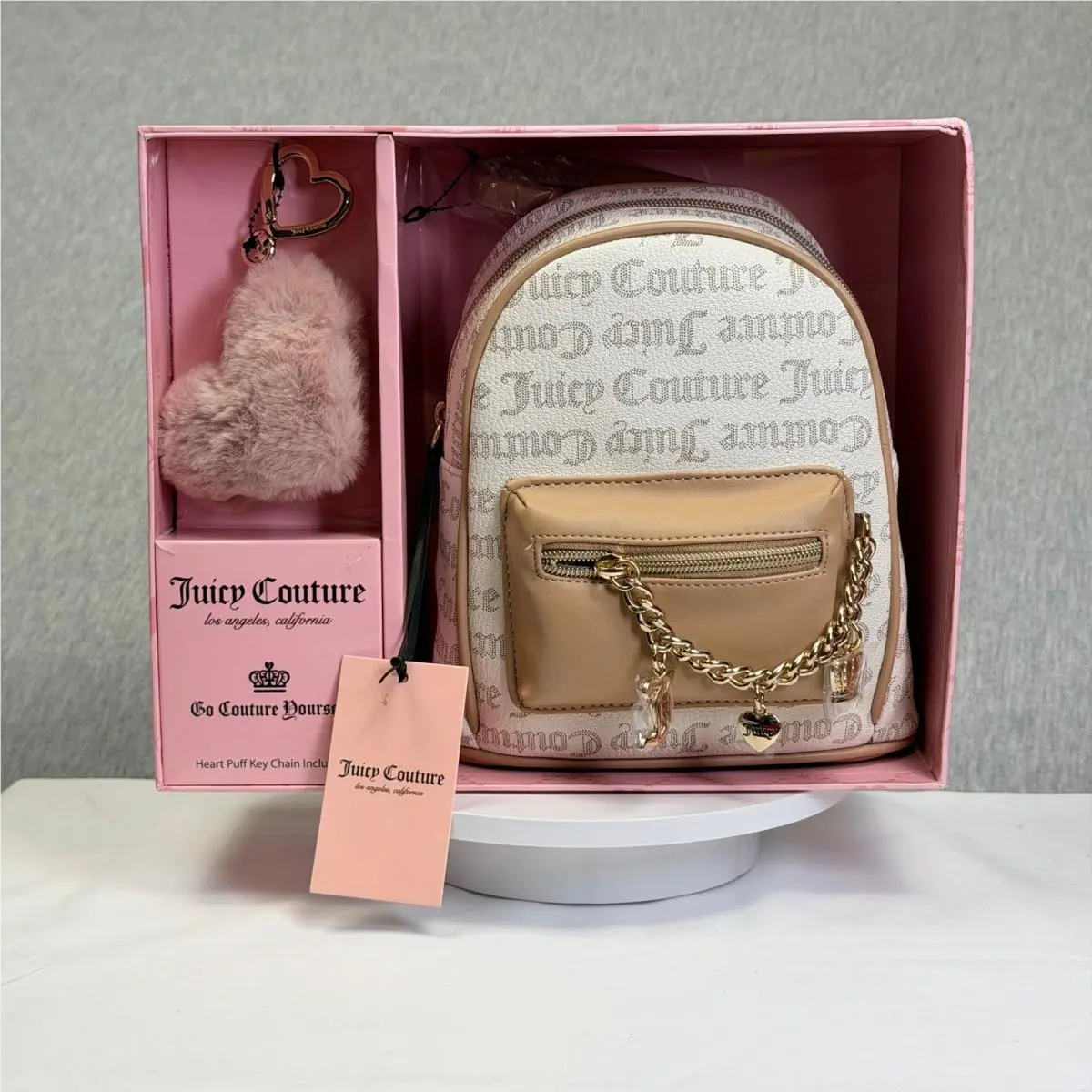 Mini Backpack Gift Set Cream Tan Monogram Heart Puff Keycha by Juicy Couture