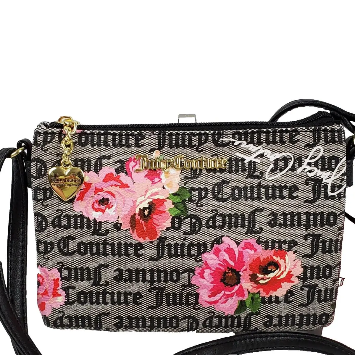 Black Pink Floral Triple Crossbody Purse with Adjustable Strap by Juicy Couture