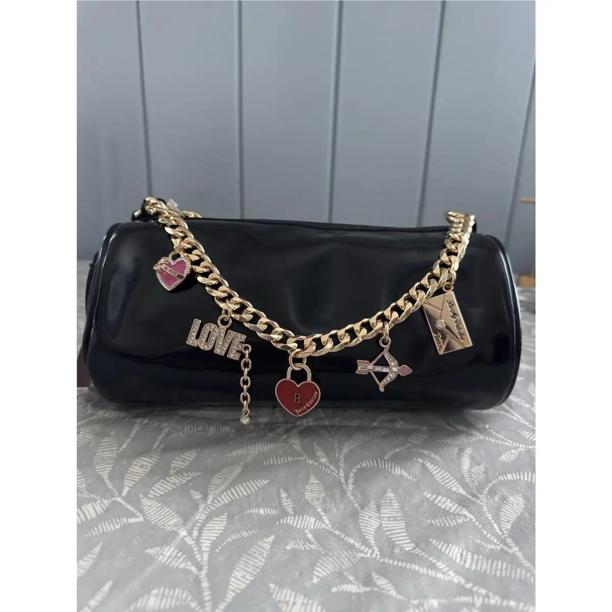 Black Barrel Shoulder Bag Gold Chain Charms Love Y2K Patent Purse by Juicy Couture