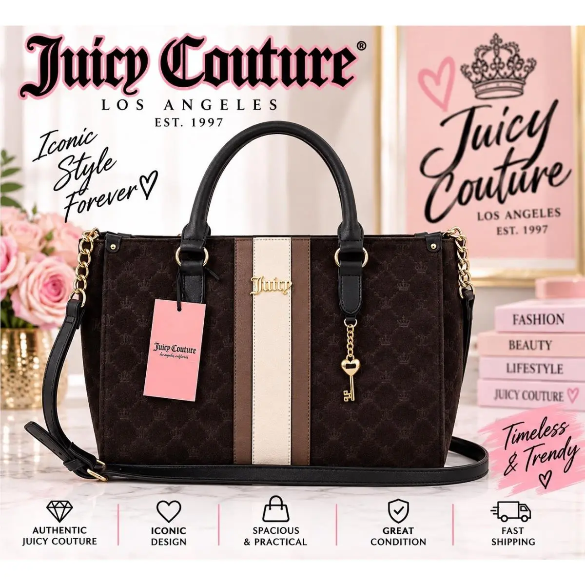 Brown Monogram Tote Satchel Crossbody Bag Y2K Logo Charm by Juicy Couture