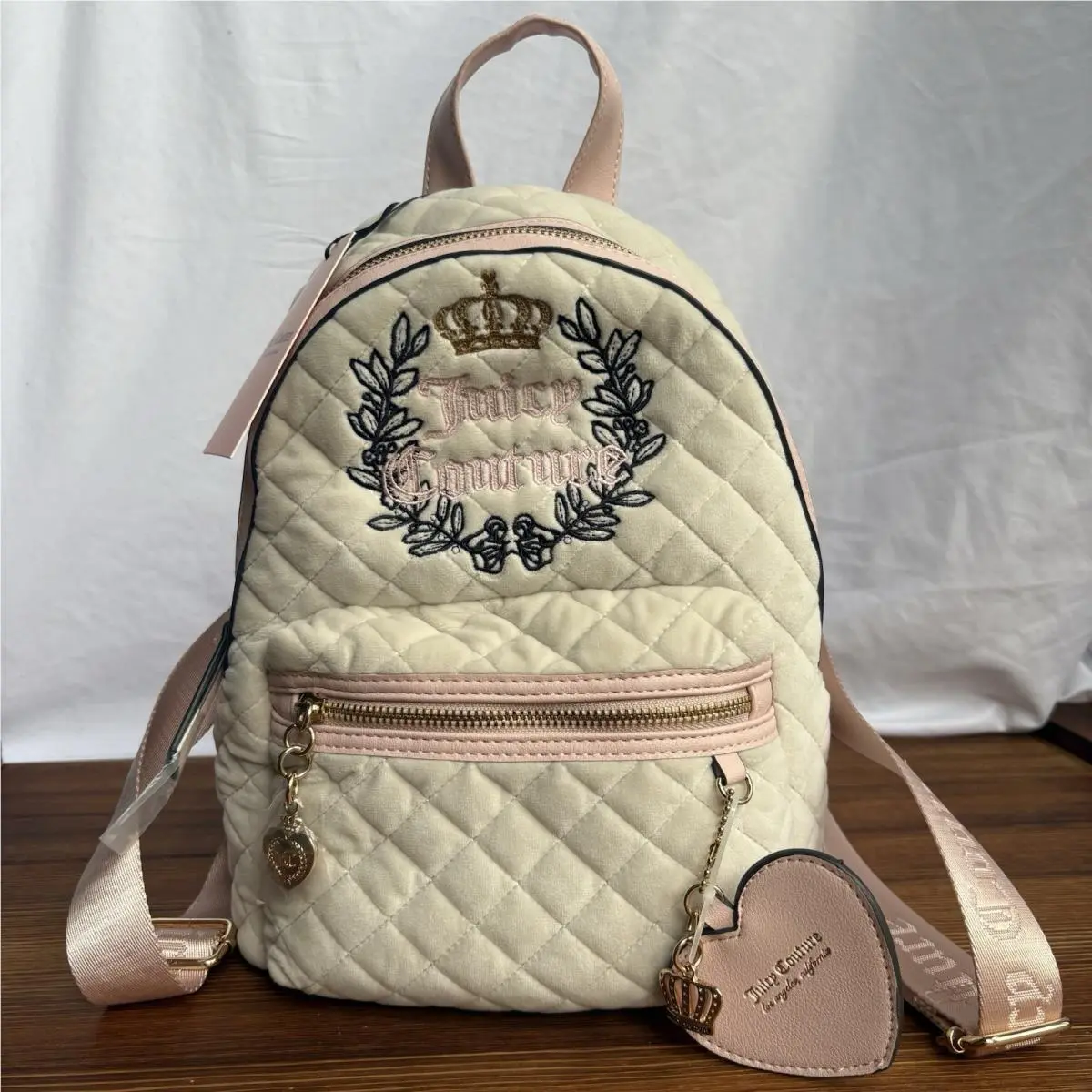 Mini Backpack Cream Pink Velvet Quilted Crown Logo by Juicy Couture