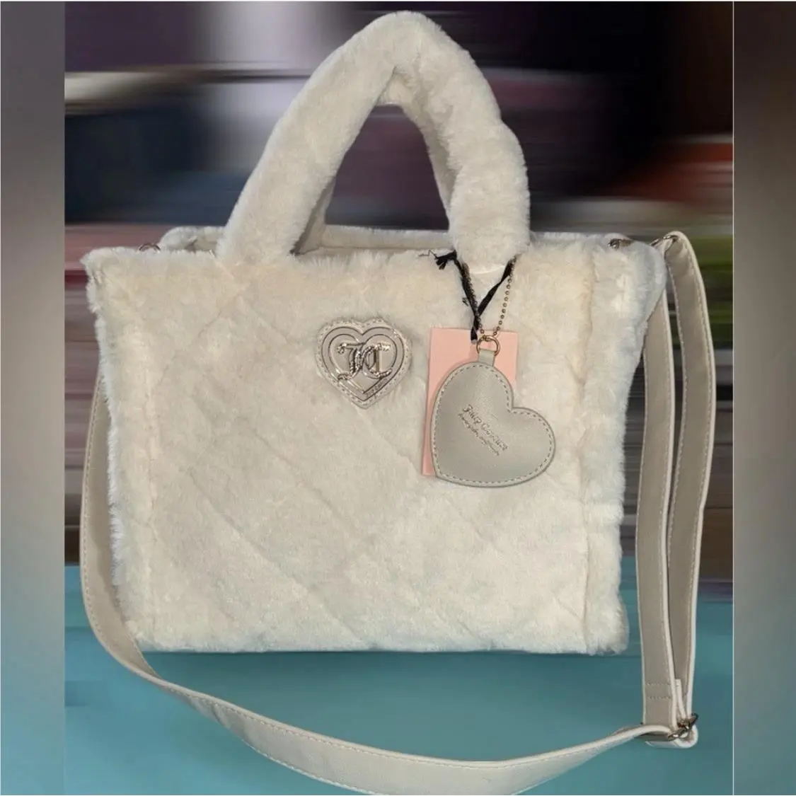 Fleece Sheepskin Lets Get Cozy Tote Bag Purse Off White by Juicy Couture