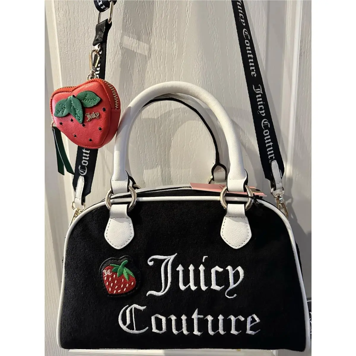 Strawberry Satchel Tote Velour Black White Y2K by Juicy Couture