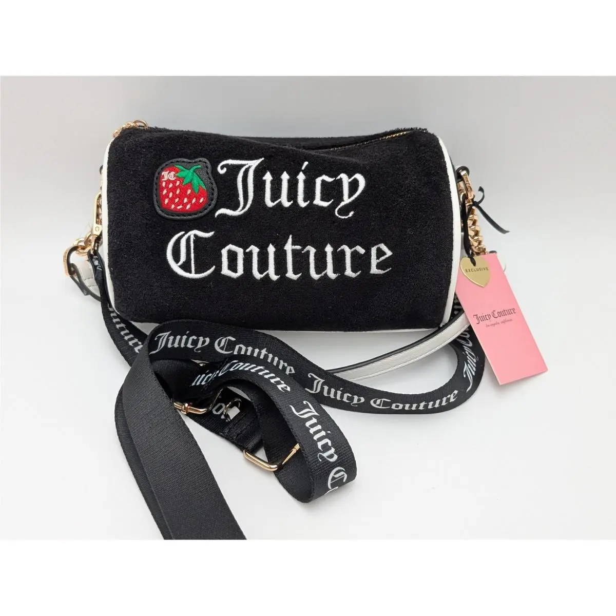 Barrel Bag Women Small Black Strawberry Velour Crossbody Strap Y2K by Juicy Couture