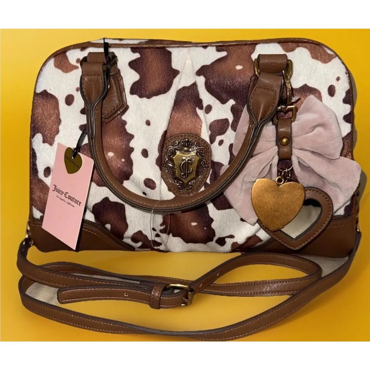 Cow Print Fur Satchel Crossbody Bag Brown White Bow Charm by Juicy Couture