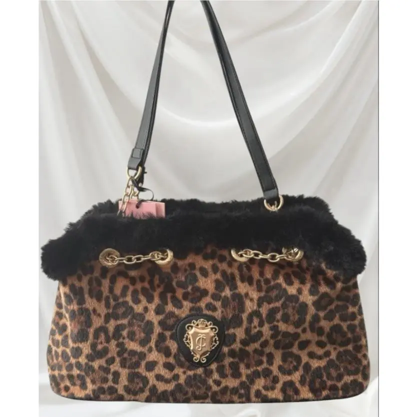 Glamour Gang Leopard Print Fur Trim Satchel Bag by Juicy Couture