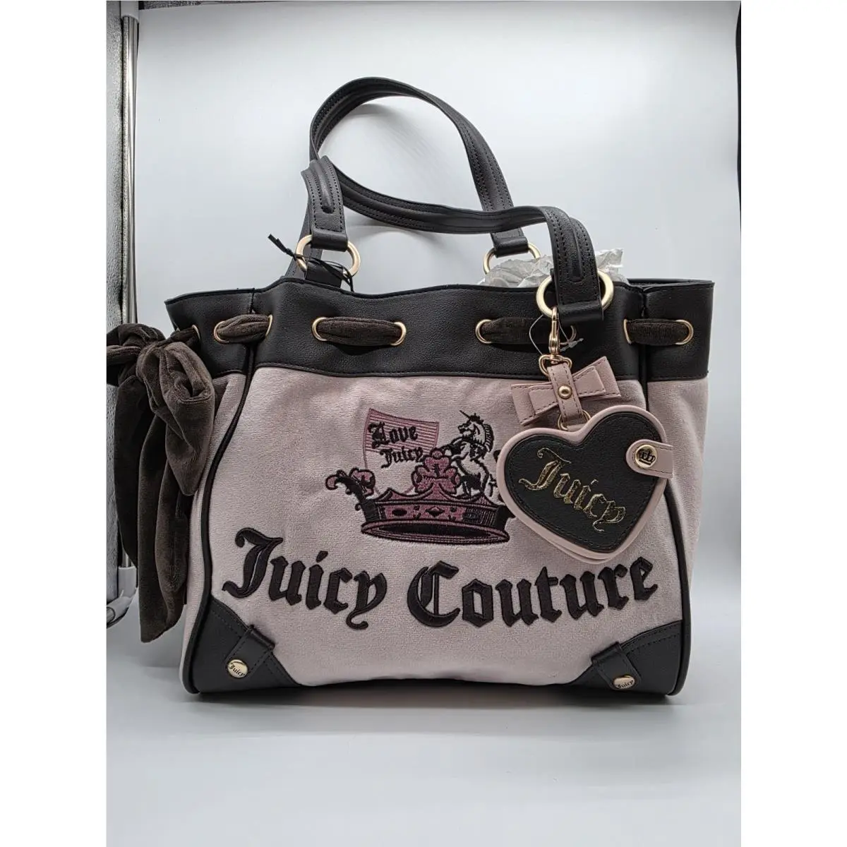 Dusty Blush Velour Tote Shoulder Bag Bow Heart Charm Crown Logo by Juicy Couture
