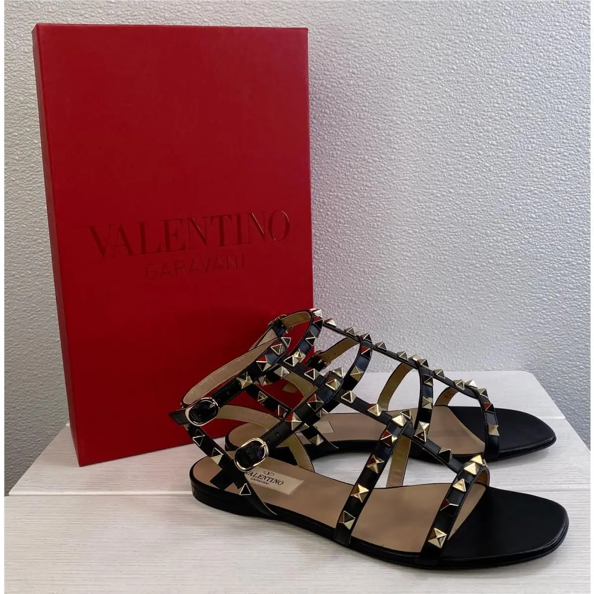 Garavani Rockstud Caged Sandal Women US7.5 EU36.5 Black Leather Straps by Valentino